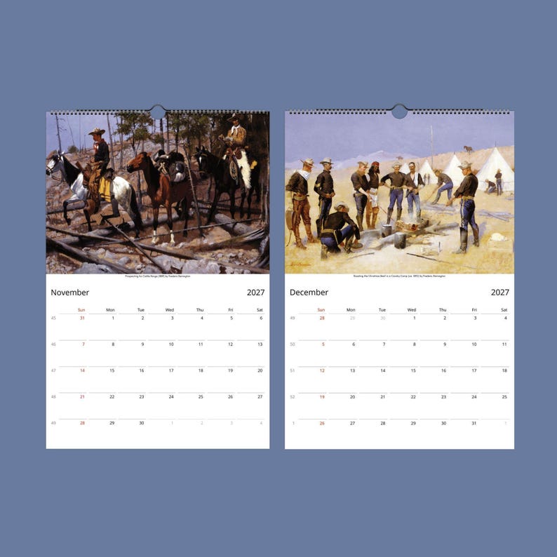 Two open calendar pages show November and December 2027; November depicts cowboys with horses in a wooded area, and December shows men gathered around a campfire in a camp.