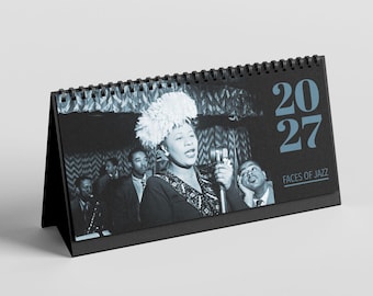 Calendrier de bureau jazz classique : agenda mensuel, couverture Ella Fitzgerald, papier semi-brillant