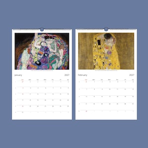 Two open calendar pages for January and February 2027, displaying Klimt's "The Kiss" and "Danaë" paintings above the dates.