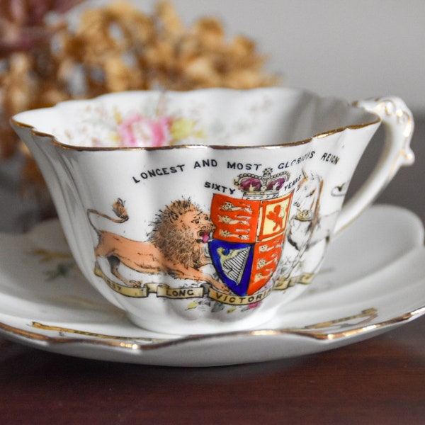 Antique Queen Victoria tea cup and saucer - 60 Year Jubilee - The Foley China - 60 Years a Queen Glorious Reign - scalloped gilt edge cup