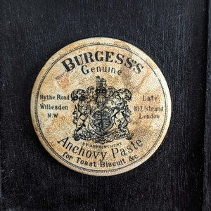 Antique Burgess's Genuine Anchovy Paste in solid wood frame beautiful London-made antique Victorian por lid gorgeous typography image 8