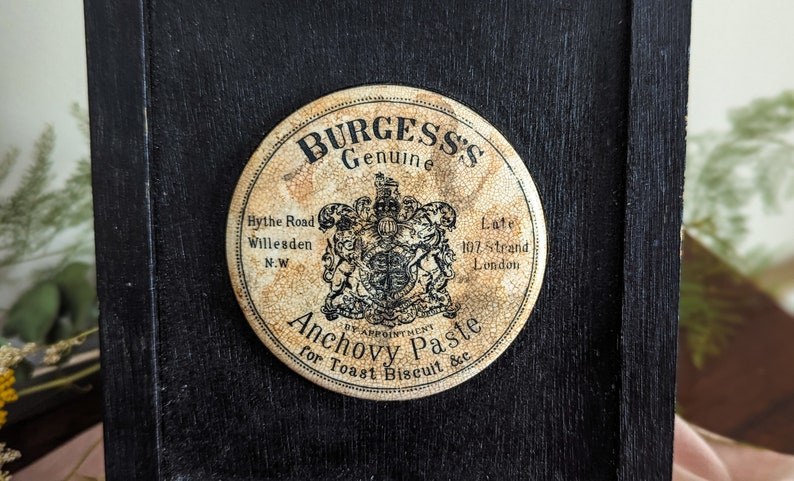 Antique Burgess's Genuine Anchovy Paste in solid wood frame beautiful London-made antique Victorian por lid gorgeous typography image 8