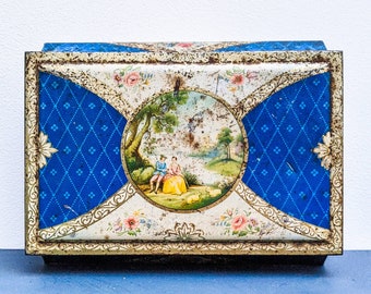 Beautiful Vintage Blue Tin - Horners Confectionary Toffee  - Christmas gift box - English country scene, floral decal and gold accents