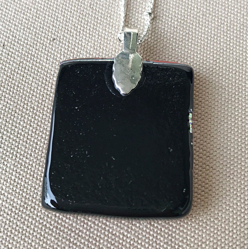 Striped Rectangular Fused Dichroic Glass Pendant in Fiery Oranges Reds /& Black Silvers