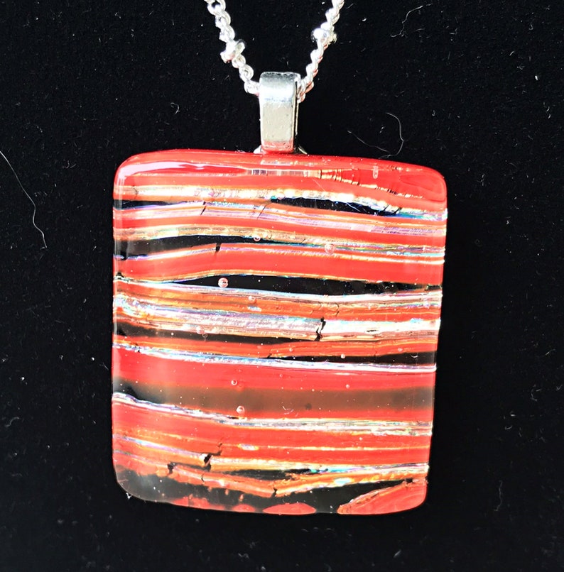 Striped Rectangular Fused Dichroic Glass Pendant in Fiery Oranges Reds /& Black Silvers