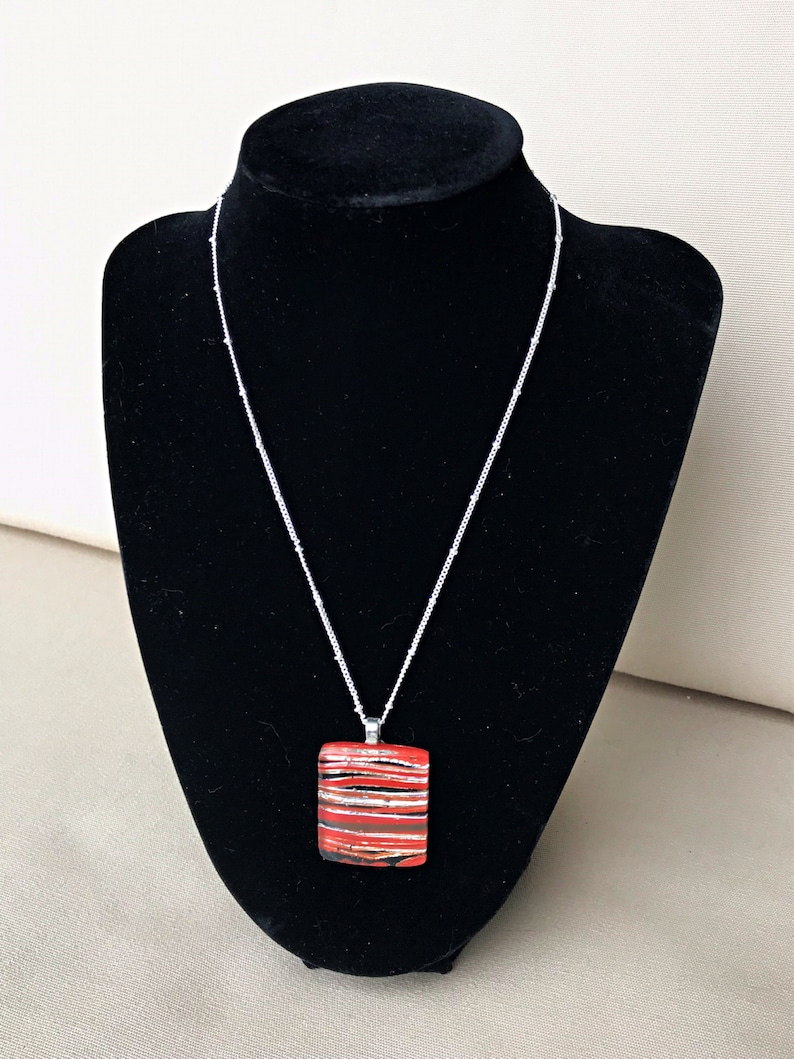 Striped Rectangular Fused Dichroic Glass Pendant in Fiery Oranges Reds /& Black Silvers