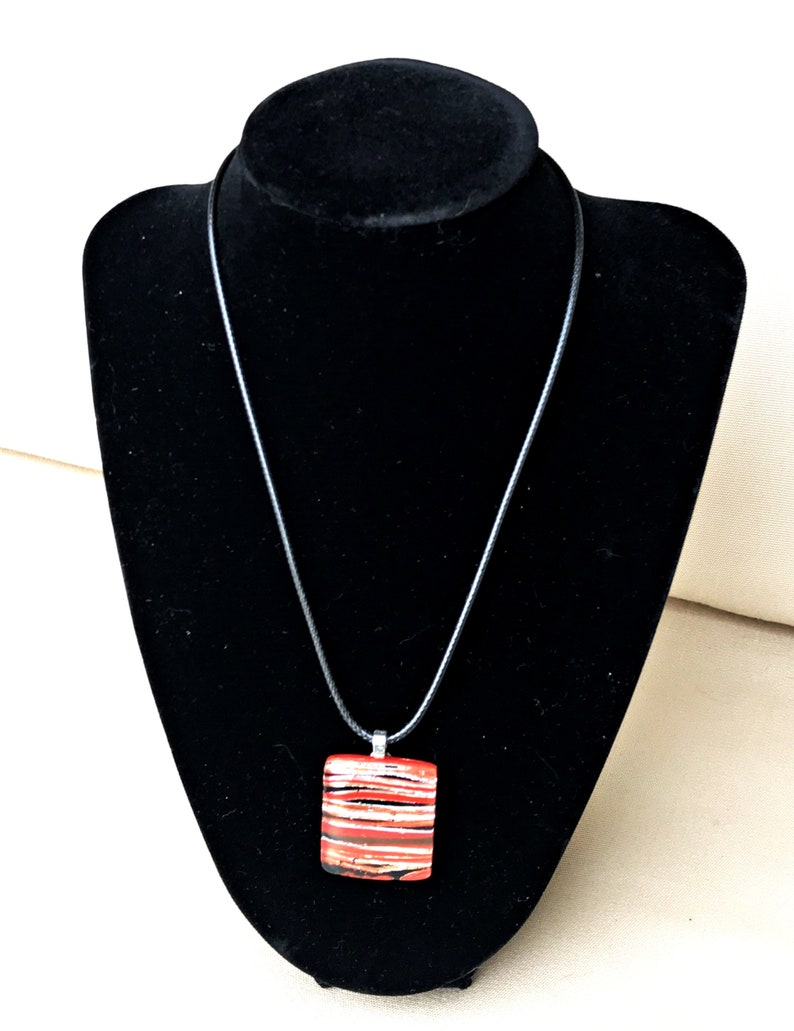 Striped Rectangular Fused Dichroic Glass Pendant in Fiery Oranges Reds /& Black Silvers