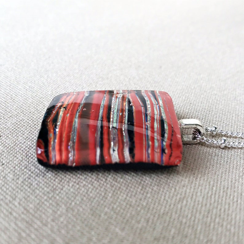 Striped Rectangular Fused Dichroic Glass Pendant in Fiery Oranges Reds /& Black Silvers