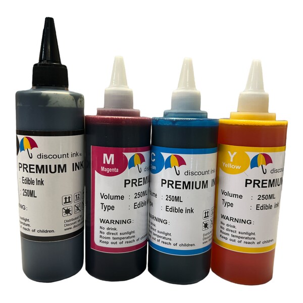 100ml 250ml Edible Refill Ink for printing on Icing sheets Frosting sheets, Edible paper or Wafer paper - 4 Color