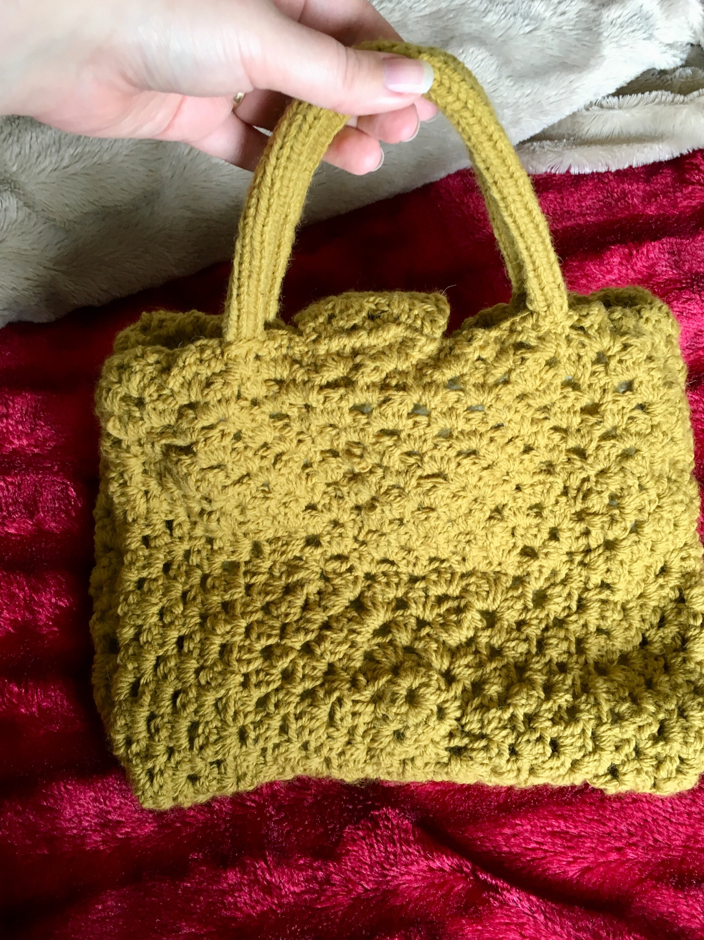 wooden button with inner pocket boho accessories Crochet Handbag Handmade Bags & Purses Handbags Top Handle Bags Dark mustard with light yellow knitted lining 