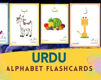 May include: Five colorful flashcards with Urdu alphabet letters and corresponding English words and Urdu words in brackets. The letters are: 'b', 'b', 't', 'z', 't'. The images are: a kite, a goat, fruits, a giraffe, and a parrot.