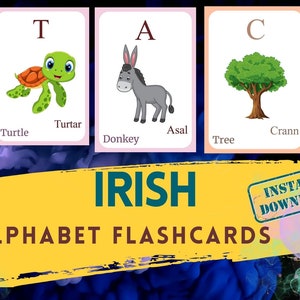 Könnte beinhalten: Irische Alphabet-Lernkarten mit farbenfrohen Illustrationen. Die Karten zeigen die Buchstaben U, T, A, C und E, zusammen mit Bildern von einem Ei, einer Schildkröte, einem Esel, einem Baum und einem Elefanten. Der Text "INSTANT DOWNLOAD" ist ebenfalls sichtbar.