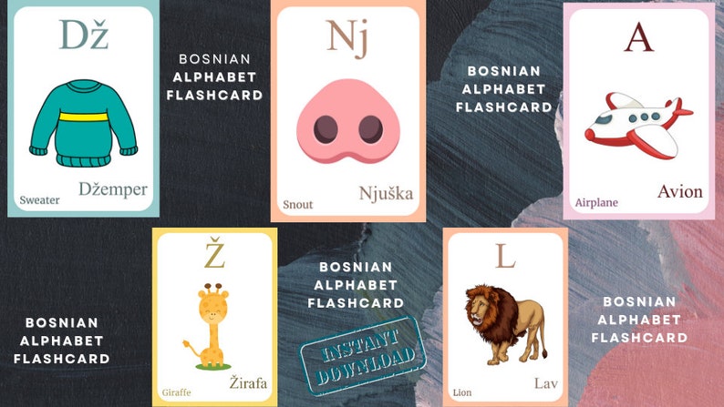 May include: Flashcards featuring the Bosnian alphabet. Each card displays a letter with an associated image and word in Bosnian and English. Includes illustrations of a sweater, snout, airplane, giraffe, and lion.