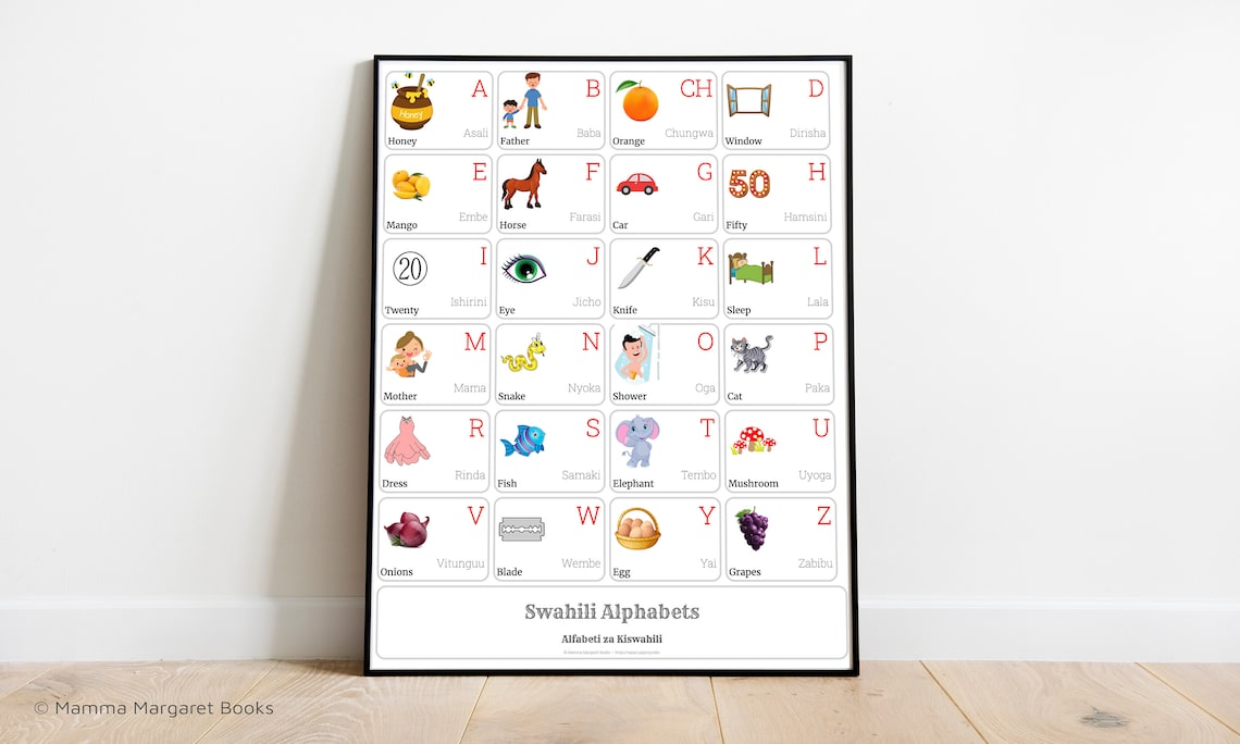 SWAHILI Alphabet CHART With English Translations Printable Art, SWAHILI