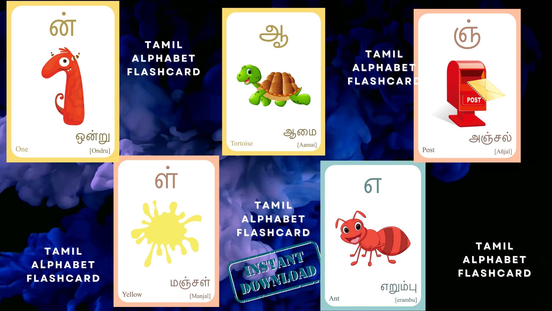 Tamil Alphabet FLASHCARD With Picture, Learning Tamil, Tamil Flashcard