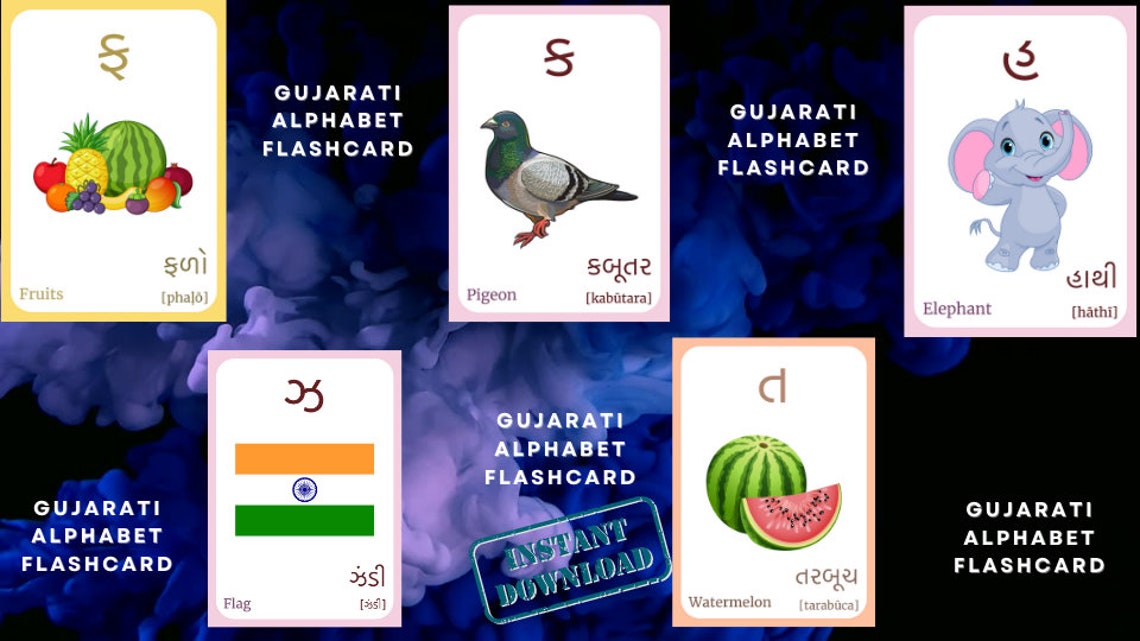 GUJARATI Alphabet FLASHCARD consonants With Picture, Learning Gujarati