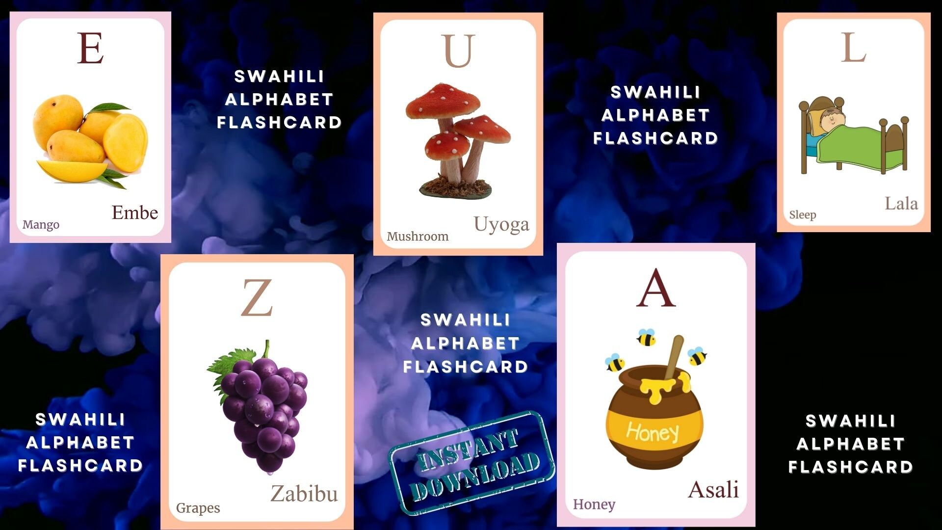 SWAHILI Alphabet FLASHCARD With Picture, Learning Swahili, Swahili
