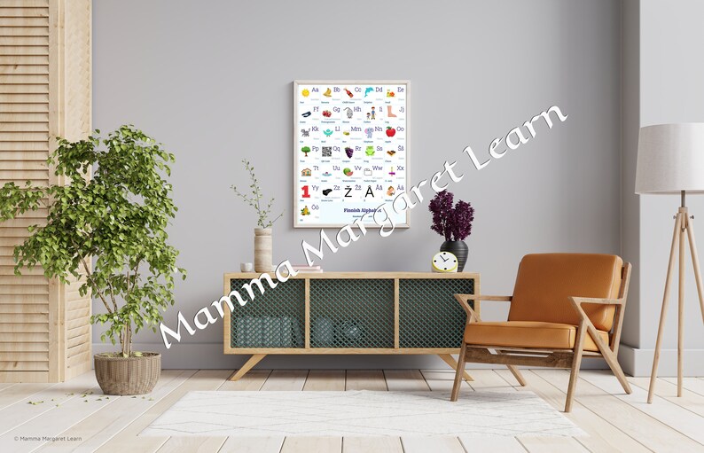 May include: A white poster with a colorful Finnish alphabet chart featuring illustrations for each letter. The poster is framed and hanging on a gray wall in a room with a brown leather armchair, a green cabinet, and a potted plant.
