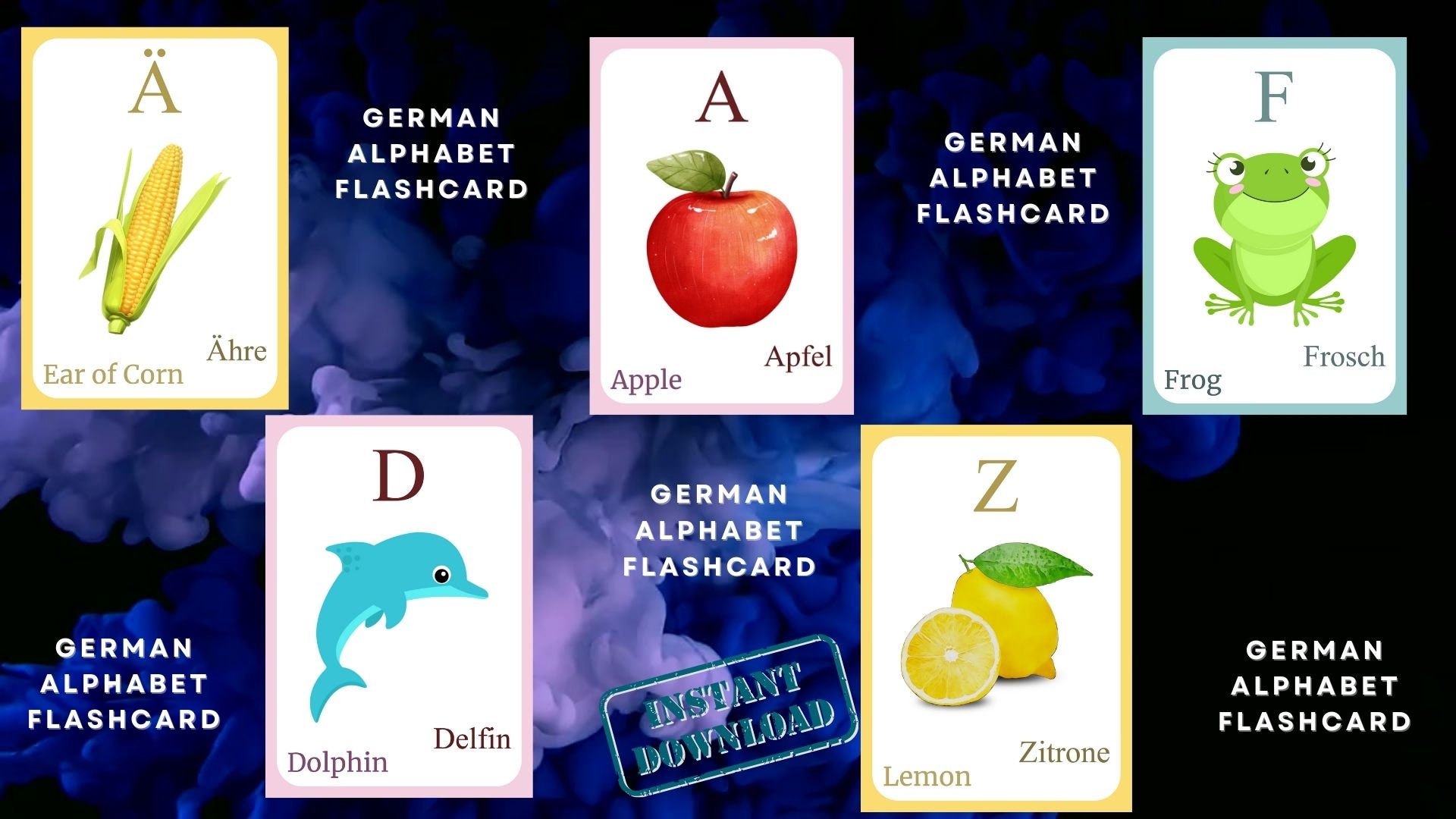 GERMAN Alphabet FLASHCARD With Picture, Learning German , German Letter