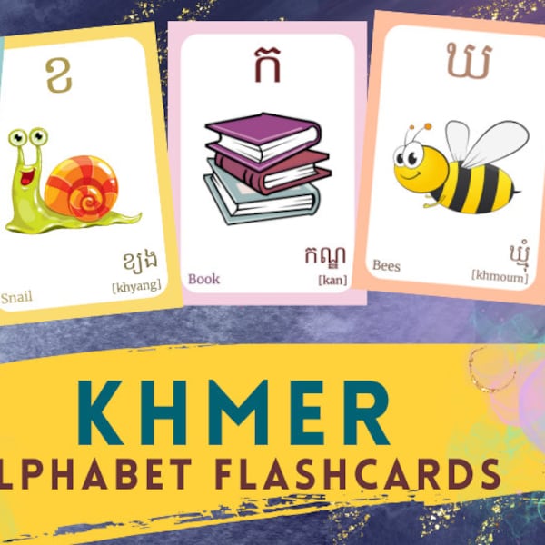 KHMER Alphabet FLASHCARD with picture, Learning Khmer, Khmer Letter Flashcard,Khmer Language,Pdf flashcards, Digital Download
