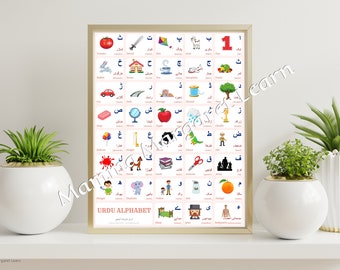 URDU Alphabet CHART with Words and English Translations Printable Art, URDU Language Digital Print, Printable Instant Download
