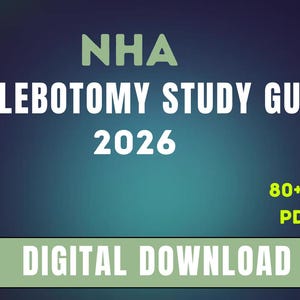 May include: A digital download graphic with the text "NHA Phlebotomy Study Guide 2026." The image also includes "80+ PAGES PDF FILE" and "DIGITAL DOWNLOAD" in a green font against a gradient blue background.