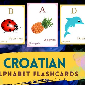 TARJETA DE ALFABETA DE ALFABETO CROATA con imagen, Aprender croata, Tarjeta de vocabulario de letras croatas, Idioma CROATA, Tarjetas de vocabulario en PDF, Descarga digital