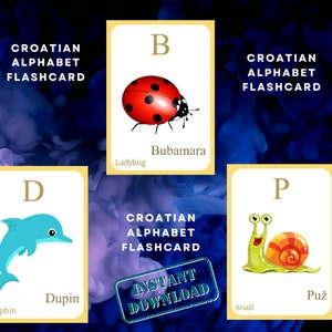 Może przedstawiać: Flashcards alfabetu chorwackiego z ilustracjami ananasa, biedronki, delfina i ślimaka. Flashcards są ż&oacute;łte z białą ramką i przedstawiają literę alfabetu oraz chorwackie słowo odpowiadające obrazkowi. Tekst "CROATIAN ALPHABET FLASHCARD" jest nadrukowany na każdej karcie.