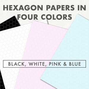 Puede incluir: Papeles hexagonales en cuatro colores: negro, blanco, rosa y azul. Los papeles tienen un patrón de panal. El texto de la imagen dice "PAPELES HEXAGONALES EN CUATRO COLORES" y "NEGRO, BLANCO, ROSA Y AZUL."