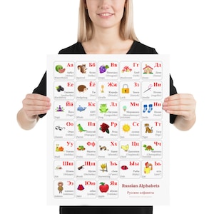 RUSSISCHES Alphabet-POSTER mit Wörtern und englischen Übersetzungen, kyrillischer Druck, russisches Alphabet-Diagrammdruck