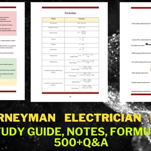 Puede incluir: Una guía de estudio para el examen de electricista oficial. La imagen muestra páginas con fórmulas, notas y diagramas. El texto incluye "500+ Q&A" y el título "Journeyman Electrician Exam Study Guide, Notes, Formulas".