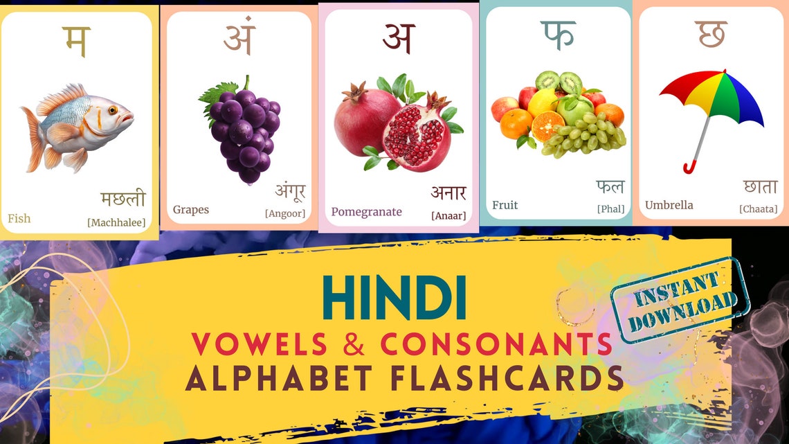 Hindi Alphabet FLASHCARD Both Vowels and Consonants, Learning Hindi, Hindi Language, Digital