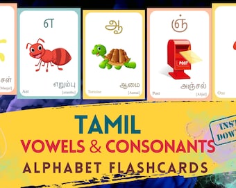 Tamil Alphabet FLASHCARD with picture, Learning Tamil, Tamil Flashcard, Tamil Language, Digital Download, Tamil Vowels, Tamil Consonants