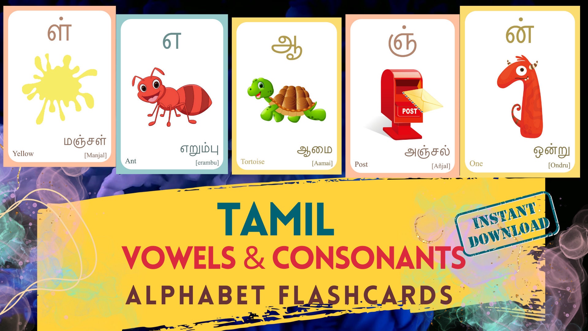 Tamil Alphabet FLASHCARD With Picture, Learning Tamil, Tamil Flashcard