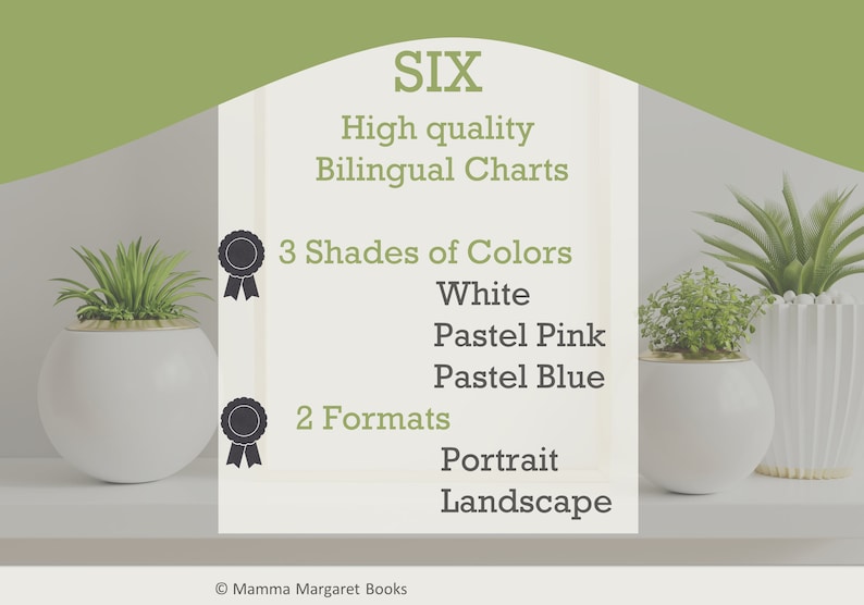 May include: Six high quality bilingual charts in three shades of colors: white, pastel pink, and pastel blue. The charts are available in two formats: portrait and landscape. Mamma Margaret Books.