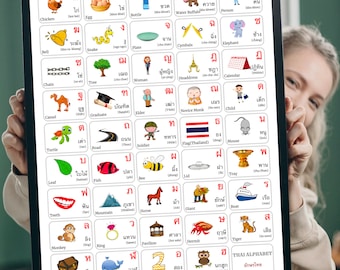 May include: A framed Thai alphabet chart featuring colorful illustrations and corresponding Thai characters. Each image represents a word, such as "chicken," "egg," and "bottle." The chart is held by a person.