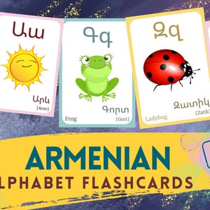 FLASHCARD do alfabeto ARMÊNIO com imagem, aprendendo armênio, flashcard de letras armênias, língua armênia, flashcards em PDF, download digital