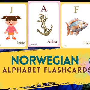 NORWEGIAN Alphabet FLASHCARD with picture, Learning Norwegian , Norwegian Letter Flashcard,Norwegian Language Digital Download