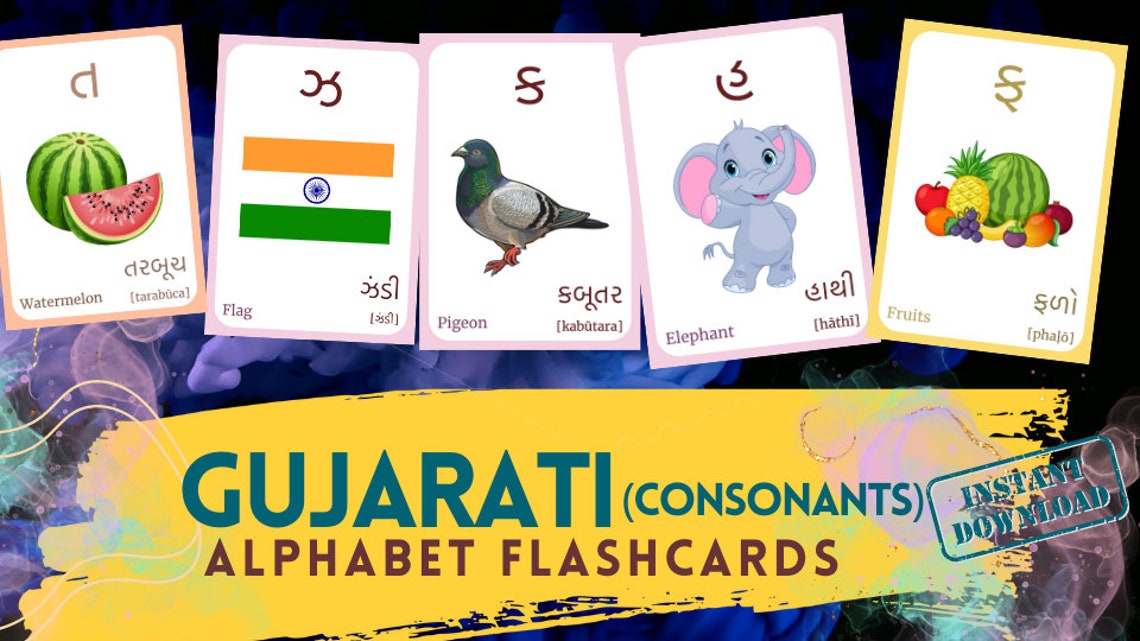 GUJARATI Alphabet FLASHCARD consonants With Picture, Learning Gujarati