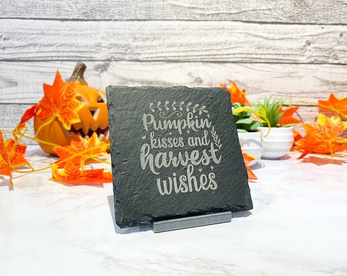 Featured listing image: Autumn Themed Slate Coaster | Housewarming Gift | Fall in Love | Thanksgiving Gift | Hello Fall | Pumpkin Kisses | Harvest Time | Grateful