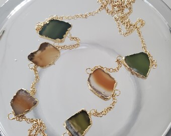 Raw Stone Amethyst Agate Apatite Necklace, Gemstone Slice Connector Necklace, Electroformed Slice, Gold plated Necklace, Layering Jewelry