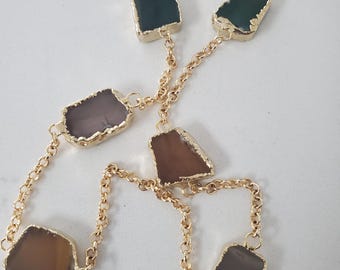Raw Stone Amethyst Agate Apatite Necklace, Gemstone Slice Connector Necklace, Electroformed Slice, Gold plated Necklace, Layering Jewelry