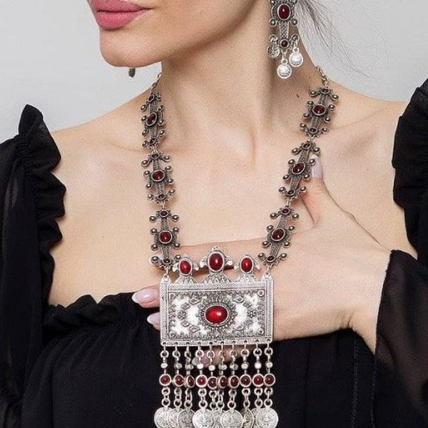 Afghani necklace, Kuchi style, dangling coins, silver jewelry, vintage, fashion jewelry, gypsy, contemporary, exotic, boho, tribal