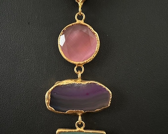 Raw Stone Amethyst Agate Apatite Necklace, Gemstone Slice Connector Necklace, Electroformed Slice, Gold plated Necklace, Layering Jewelry