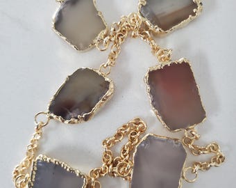 Raw Stone Amethyst Agate Apatite Necklace, Gemstone Slice Connector Necklace, Electroformed Slice, Gold Necklace, Layering Jewelry