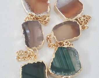 Raw Stone Amethyst Agate Apatite Necklace, Gemstone Slice Connector Necklace, Electroformed Slice, Gold Necklace, Layering Jewelry