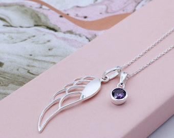 Silver Angel Wing and Birthstone Necklace