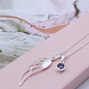 Silver Angel Wing and Birthstone Necklace