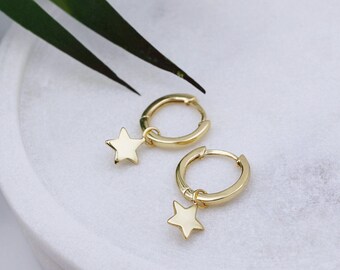 Yellow Gold Star Huggie Hoop Earrings