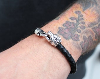 Mens Leather Bracelet with Silver Lion Head Clasp